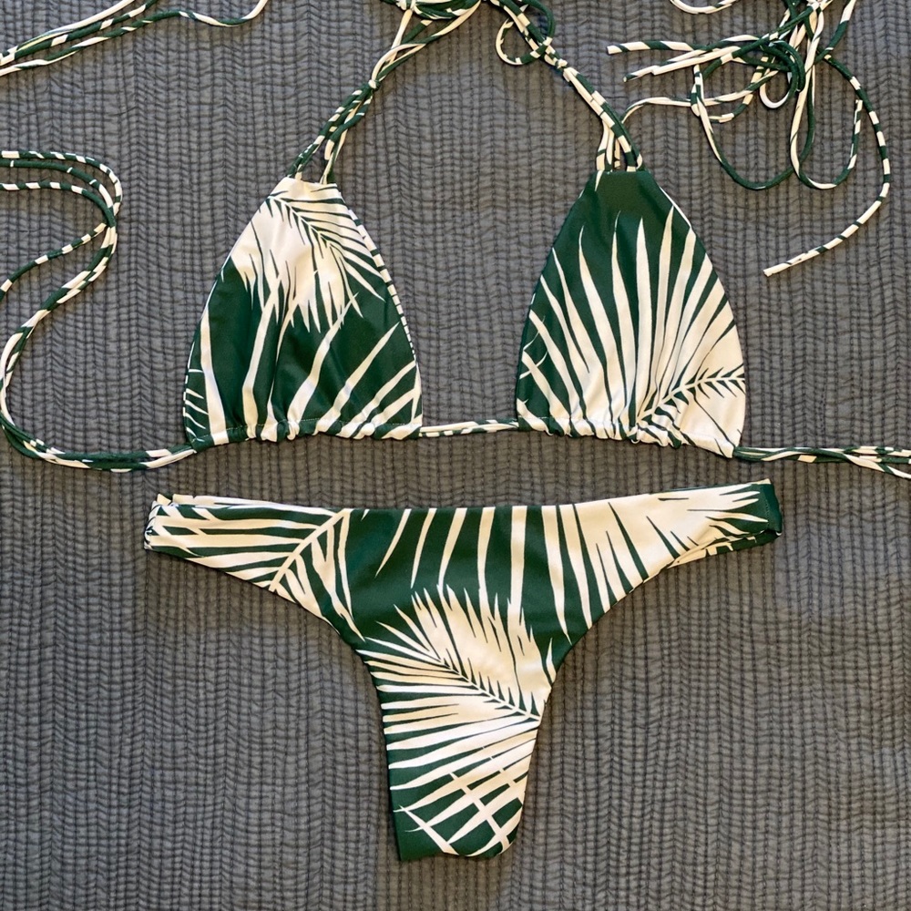Mikoh Green and White Palm-Print Triangle Bikini